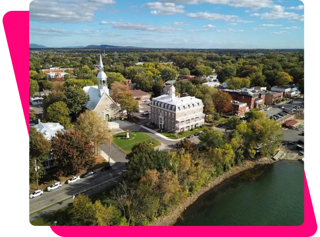 Aerial view of Old Boucherville and its church, along the river