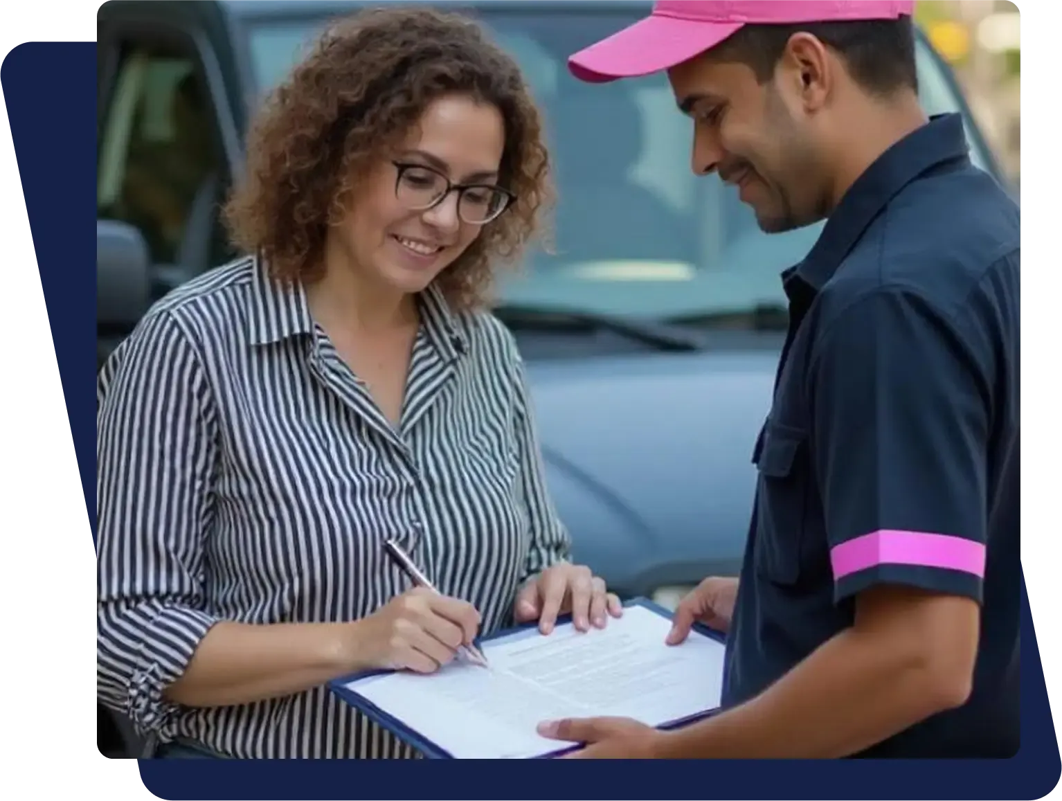 A customer signs a document presented by a mover in a pink cap