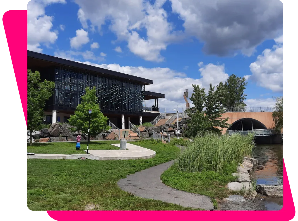 Park, pond and modern pavilion in Saint-Hubert
